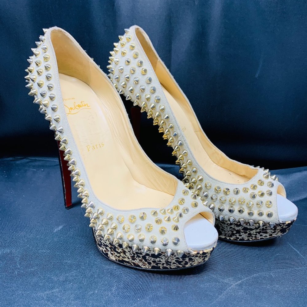 Christian Louboutin Cream Gold Spike Pumps